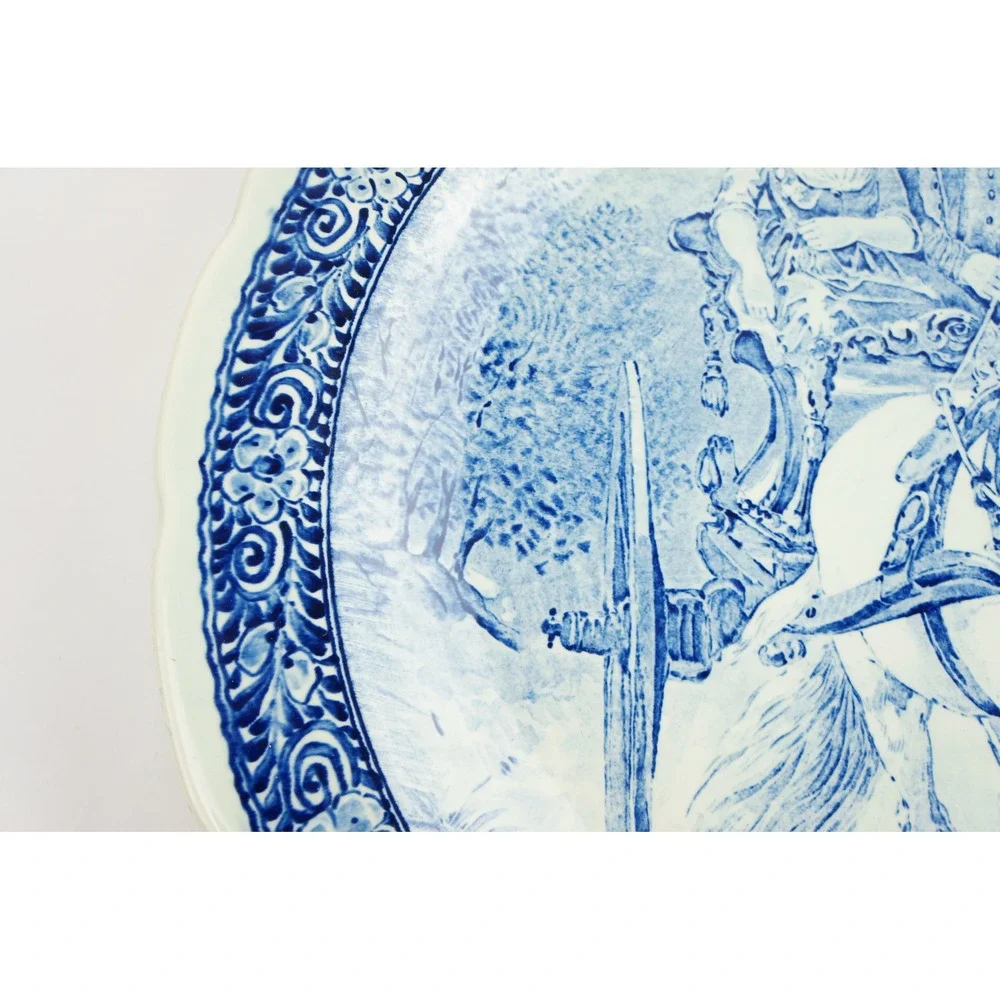 VGC Boch Freres Delfts Charger Plate Blue White Horse Carriage Scalloped Rim 16